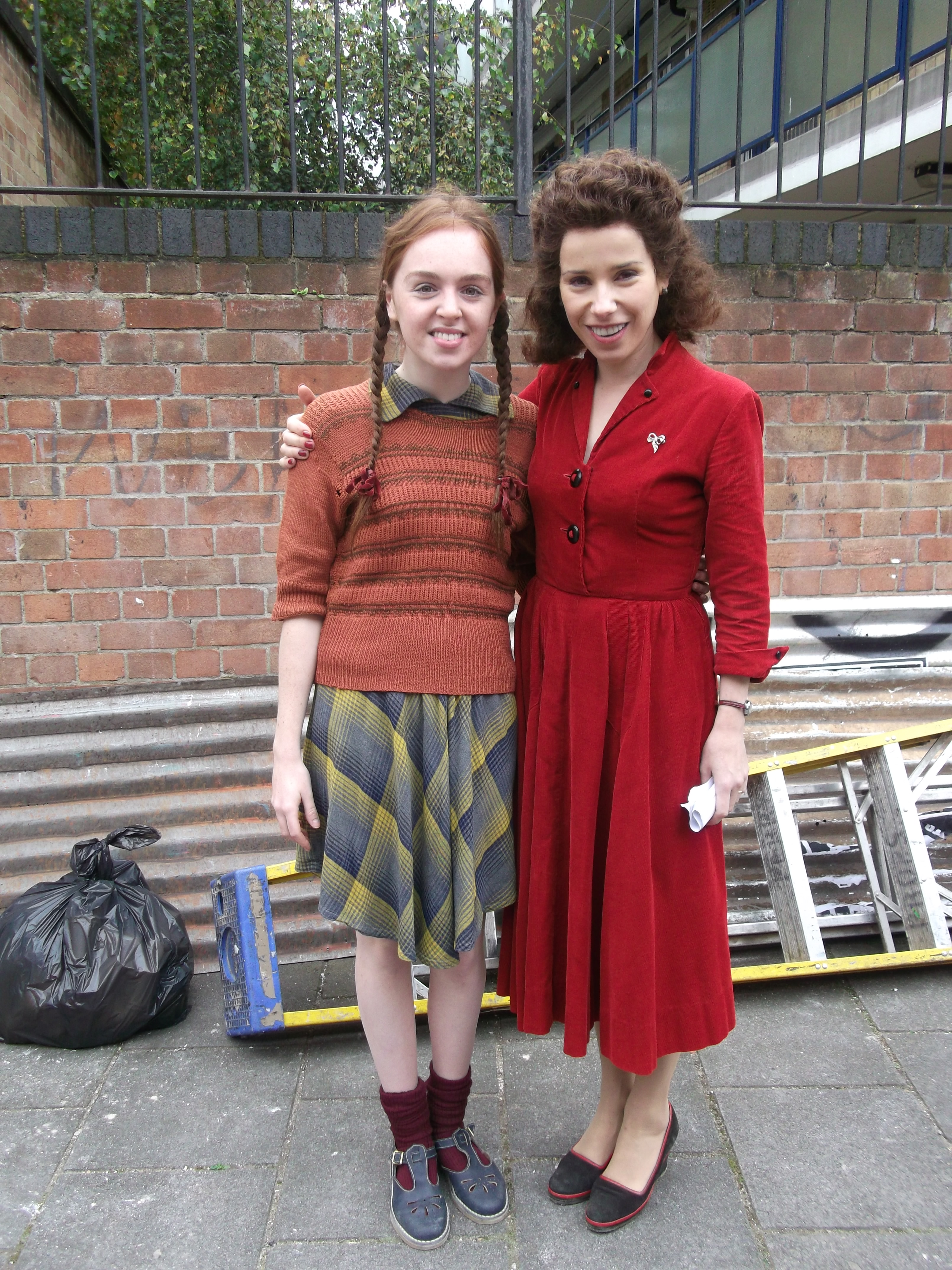 Louisa Connolly-Burnham with co-star Sally Hawkins on the set of Sky1's Little Crackers