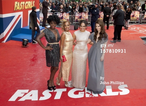 Lashana Lynch with Lorraine Borroughs, Lenora Crichlow and Lily James at Fast Girls premiere (2012)
