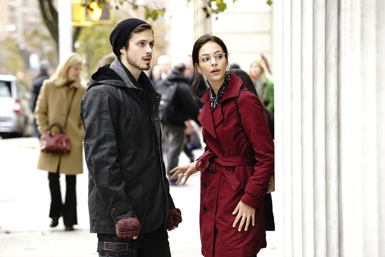 Jake Robinson and Tala Ashe on the set of American Odyssey