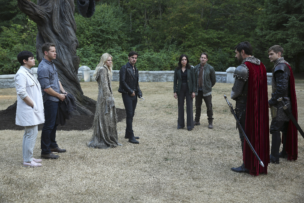 Still of Ginnifer Goodwin, Sean Maguire, Jennifer Morrison, Lana Parrilla, Liam Garrigan, Colin O'Donoghue, Andrew Jenkins and Josh Dallas in Once Upon a Time (2011)