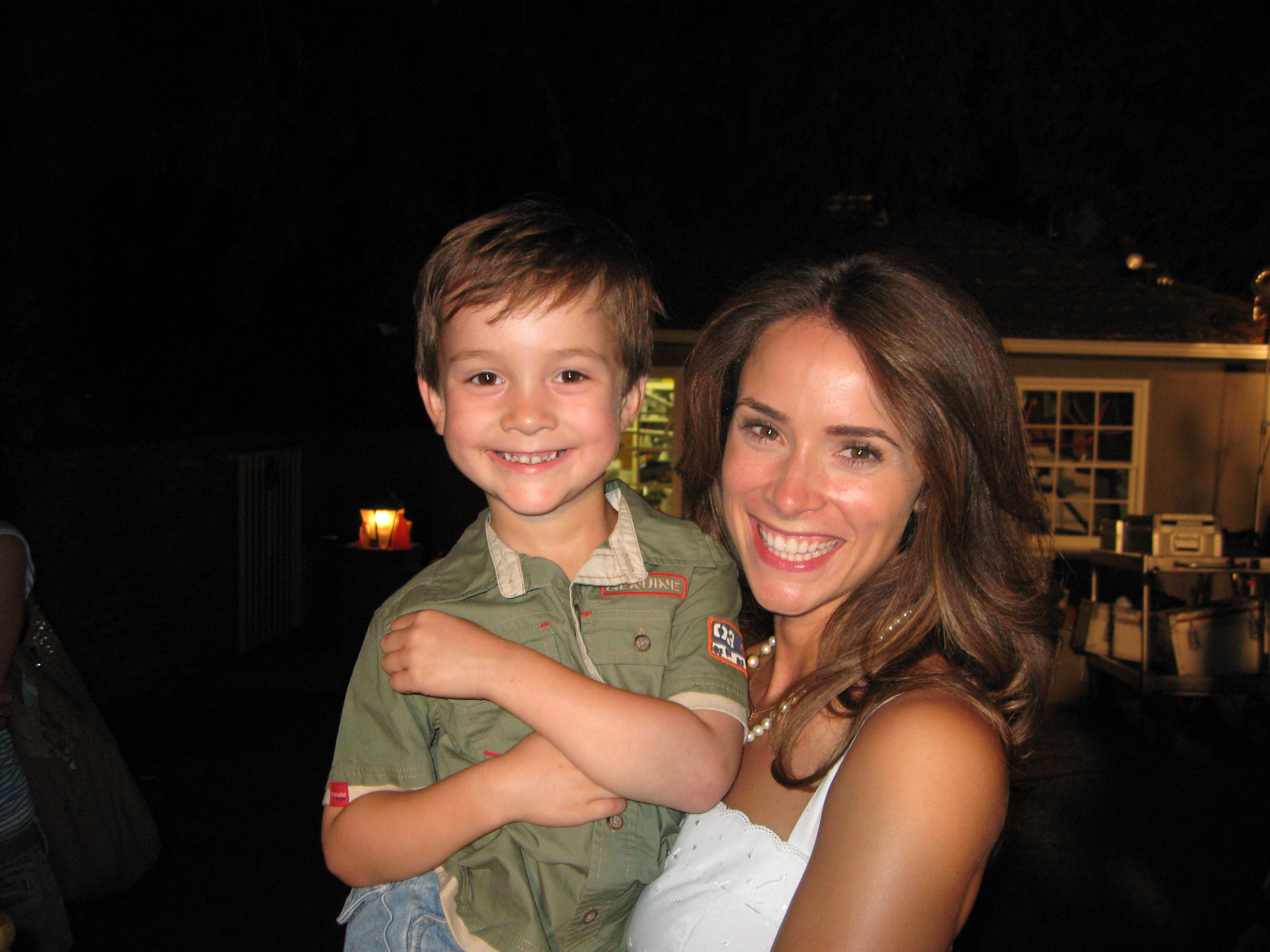Griffin Cleveland and Abigail Spencer on the set of the pilot, The Watch.