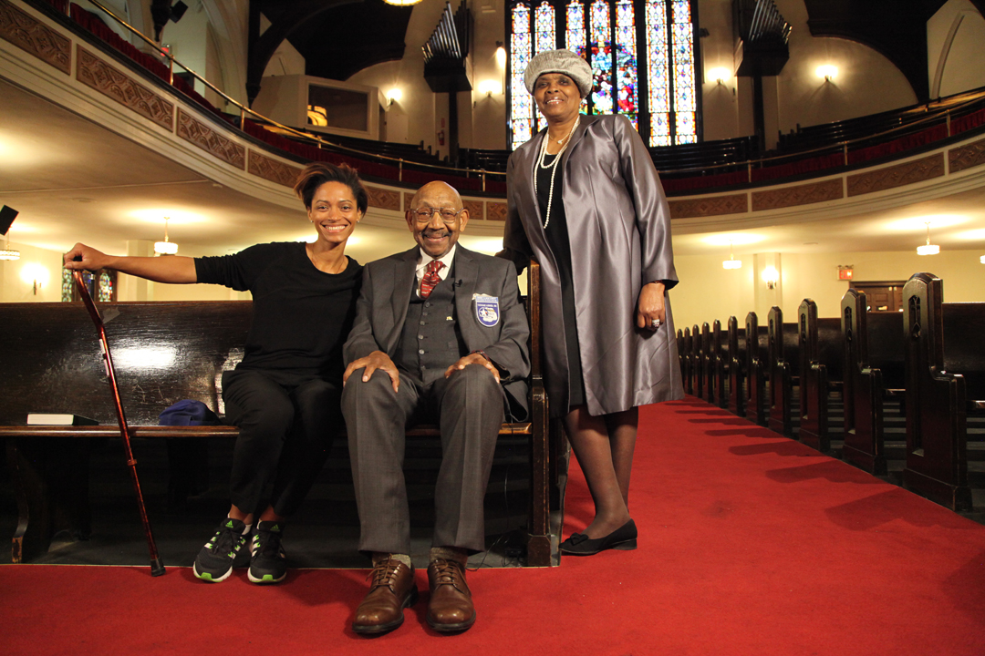 Dabney and Amelia Montgomery with Monika Watkins at AME Zion Church in Harlem, NY. 2015. Location shoot: From Selma to New York