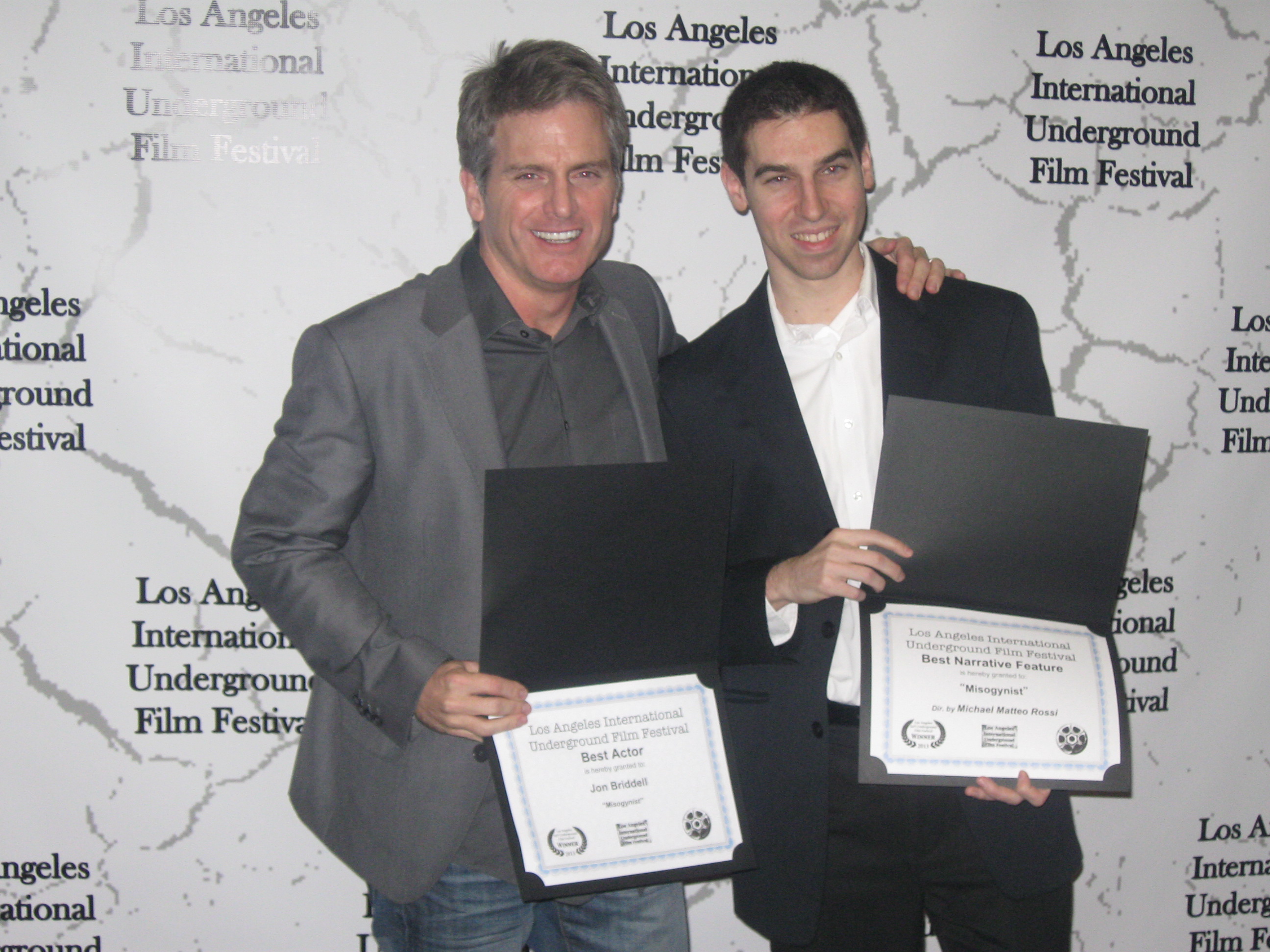 Michael Matteo Rossi with Jon Briddell at the LA Underground Film Festival for Misogynist. Won Best Feature and Best Actor.