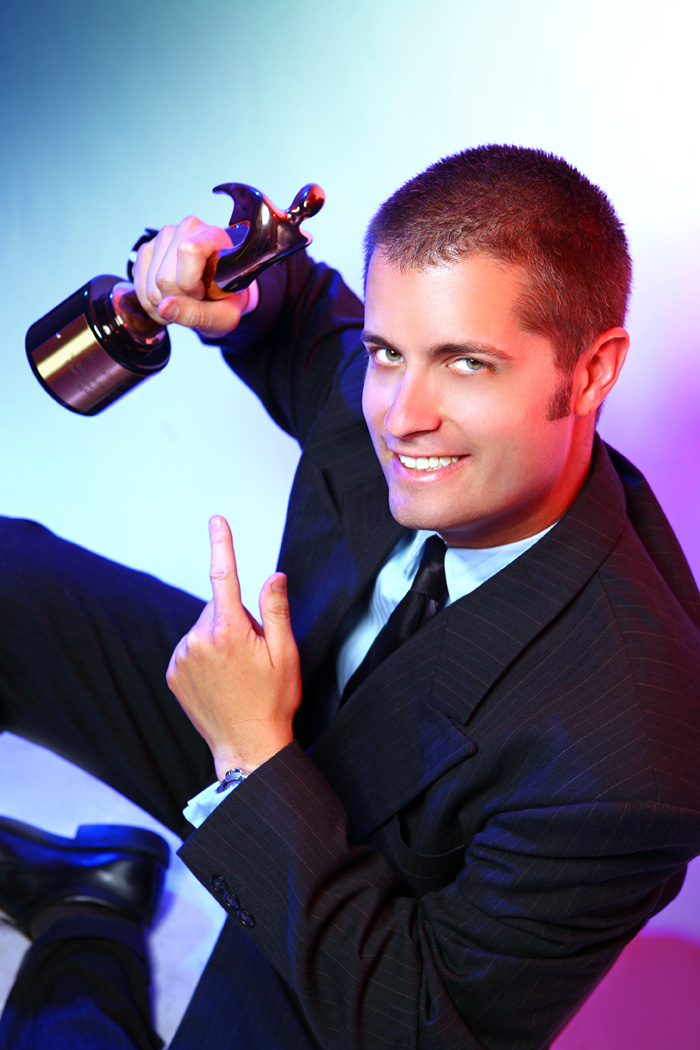 Robert Rollins holding his 2008 Telly Award, which he won for directing his short subject 