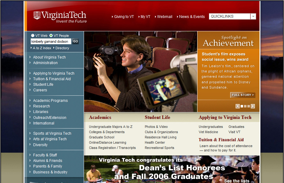 Tim Leaton featured on Virginia Tech's homepage, 2007.
