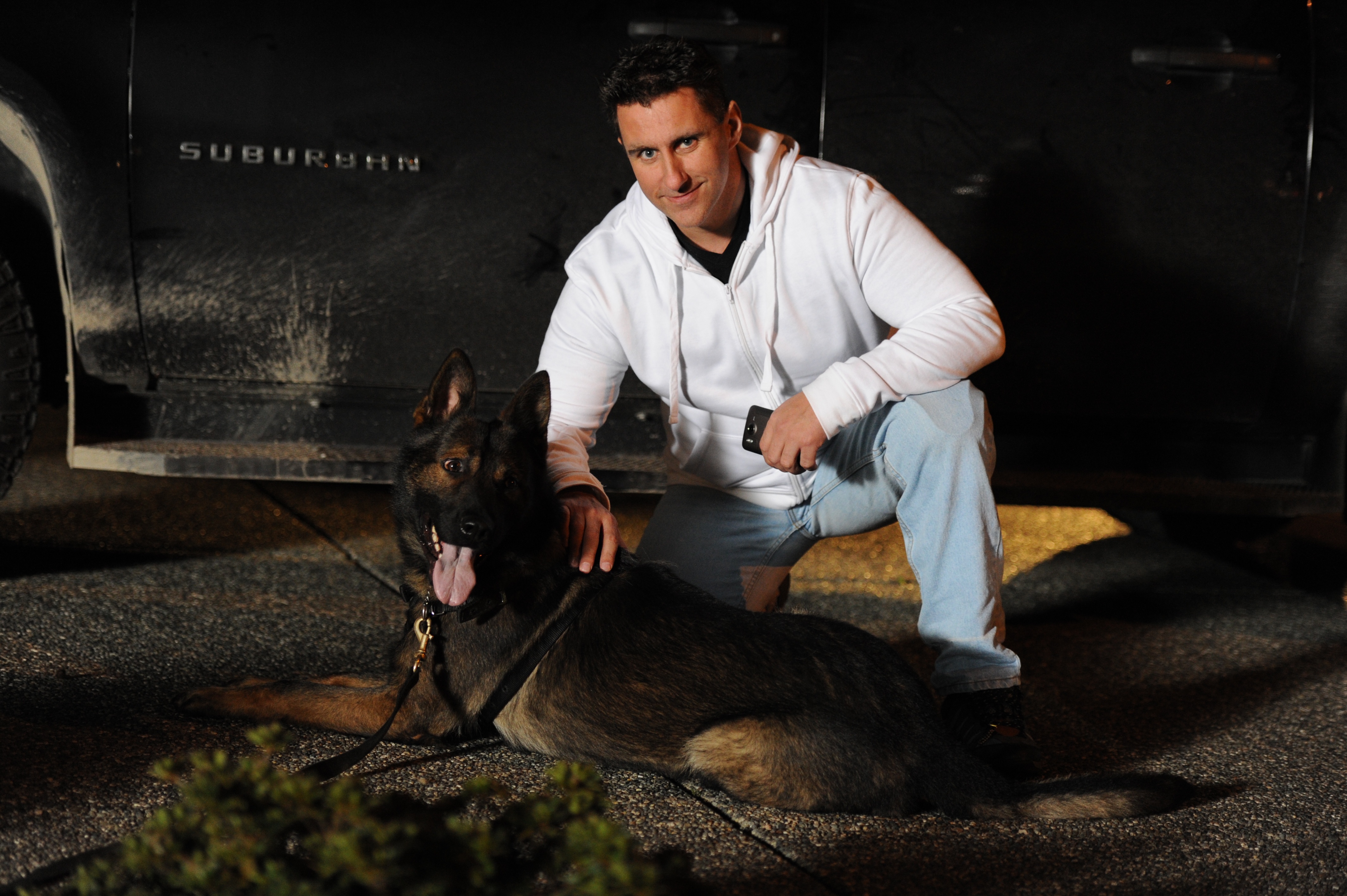 On-set - Suicide - Actor Martin Thomson & Police K-9 Officer Terro take time ot to catch breath and share a photo...