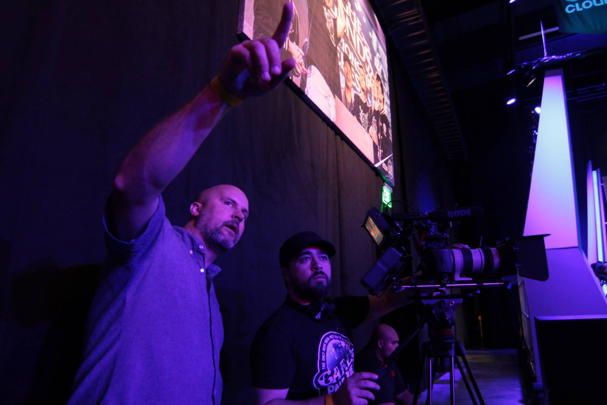 Cameraman Eric Metze getting direction on a setup from Director Jeremy Snead during shoot at League Of Legends Championship series for 'Unlocked: The World Of Games, Revealed'