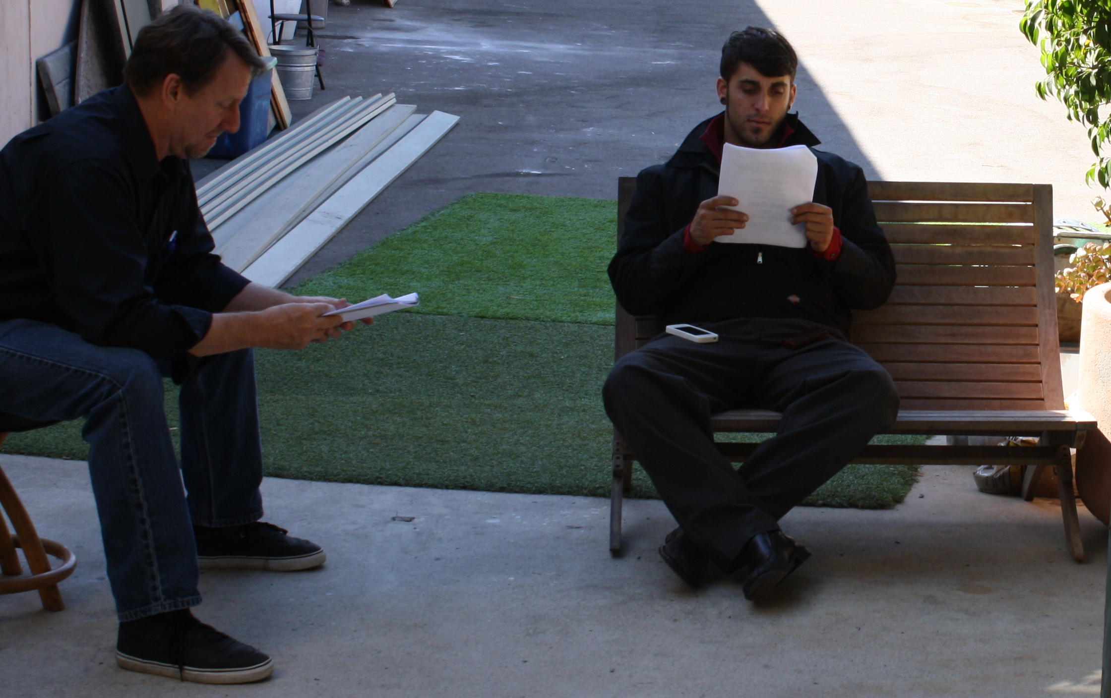 Reading with actor, Todd Vess on the set of Body of Work, fall of 2012.