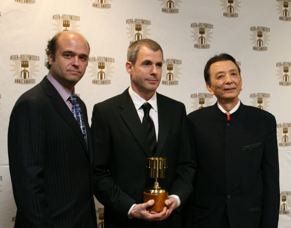 Scott Adsit (l) and James Hong (r) with feature character design winner Carter Goodrich