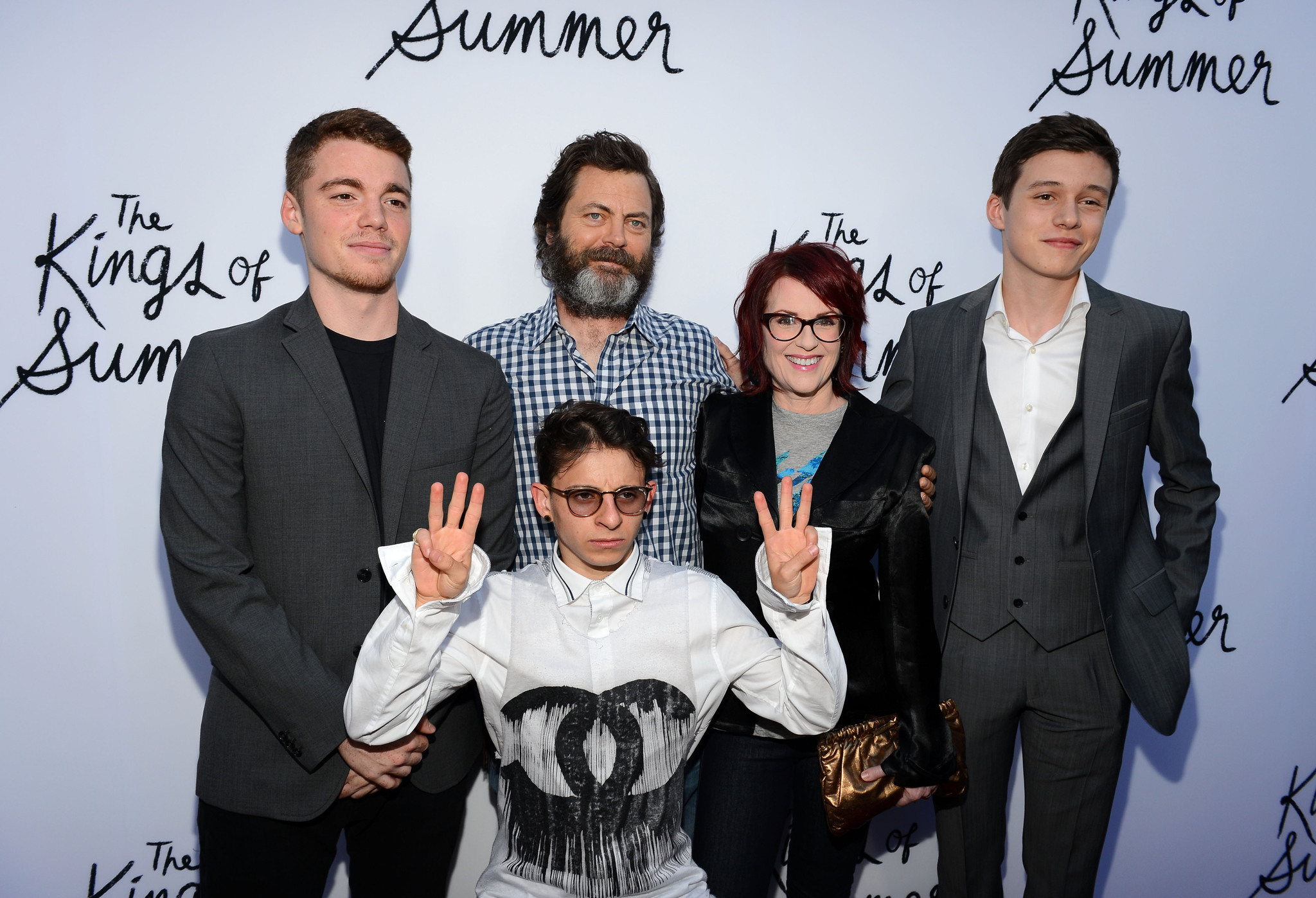 Megan Mullally, Nick Offerman, Moises Arias, Gabriel Basso and Nick Robinson at event of The Kings of Summer (2013)