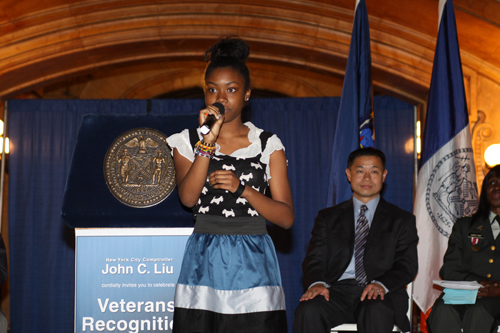 Francesca Chessie Chaney at the Veterans Recognition with NYC Comptroller John C. Liu