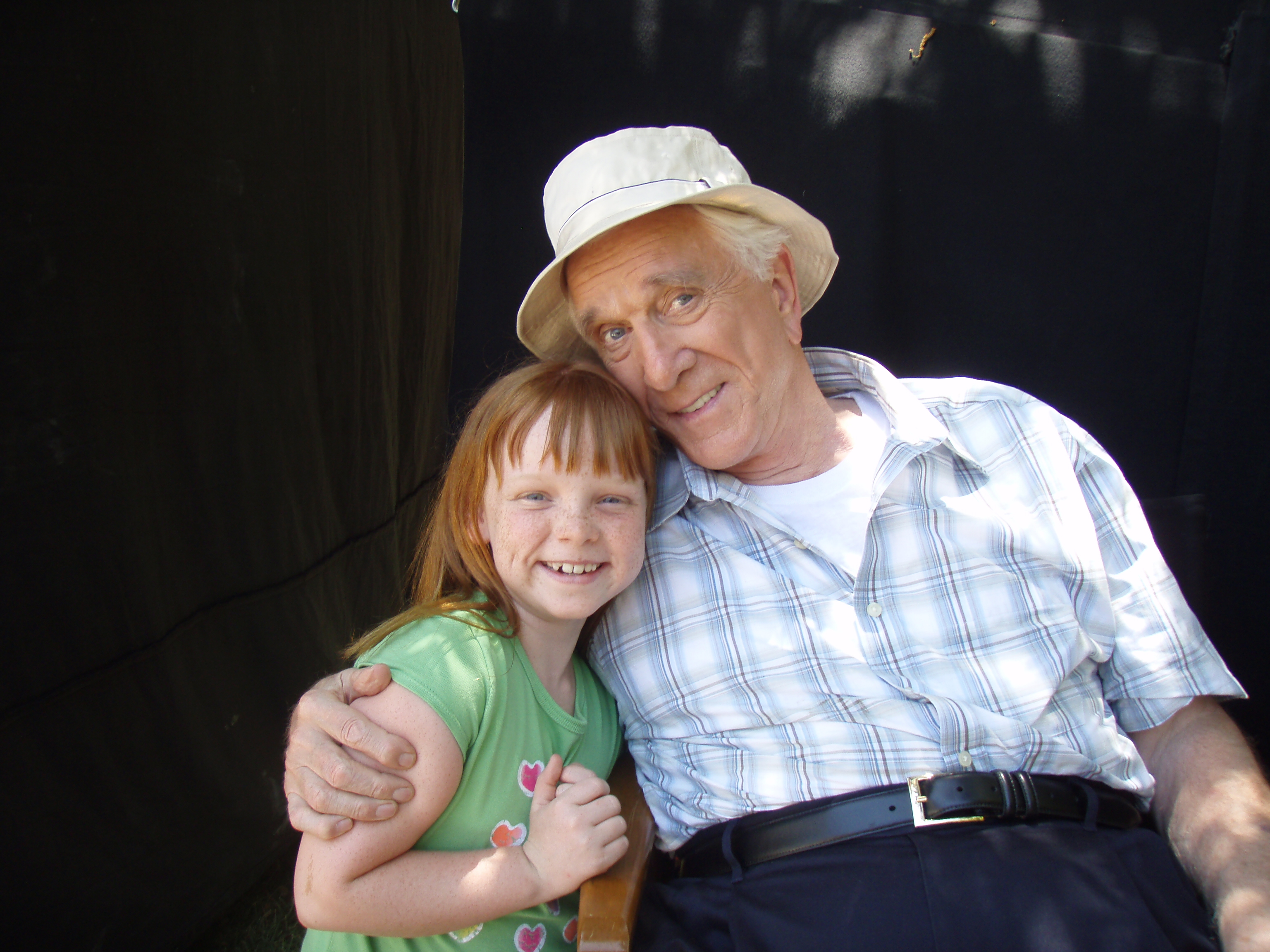 Kaleigh with Leslie Nielson on set of An American Carol