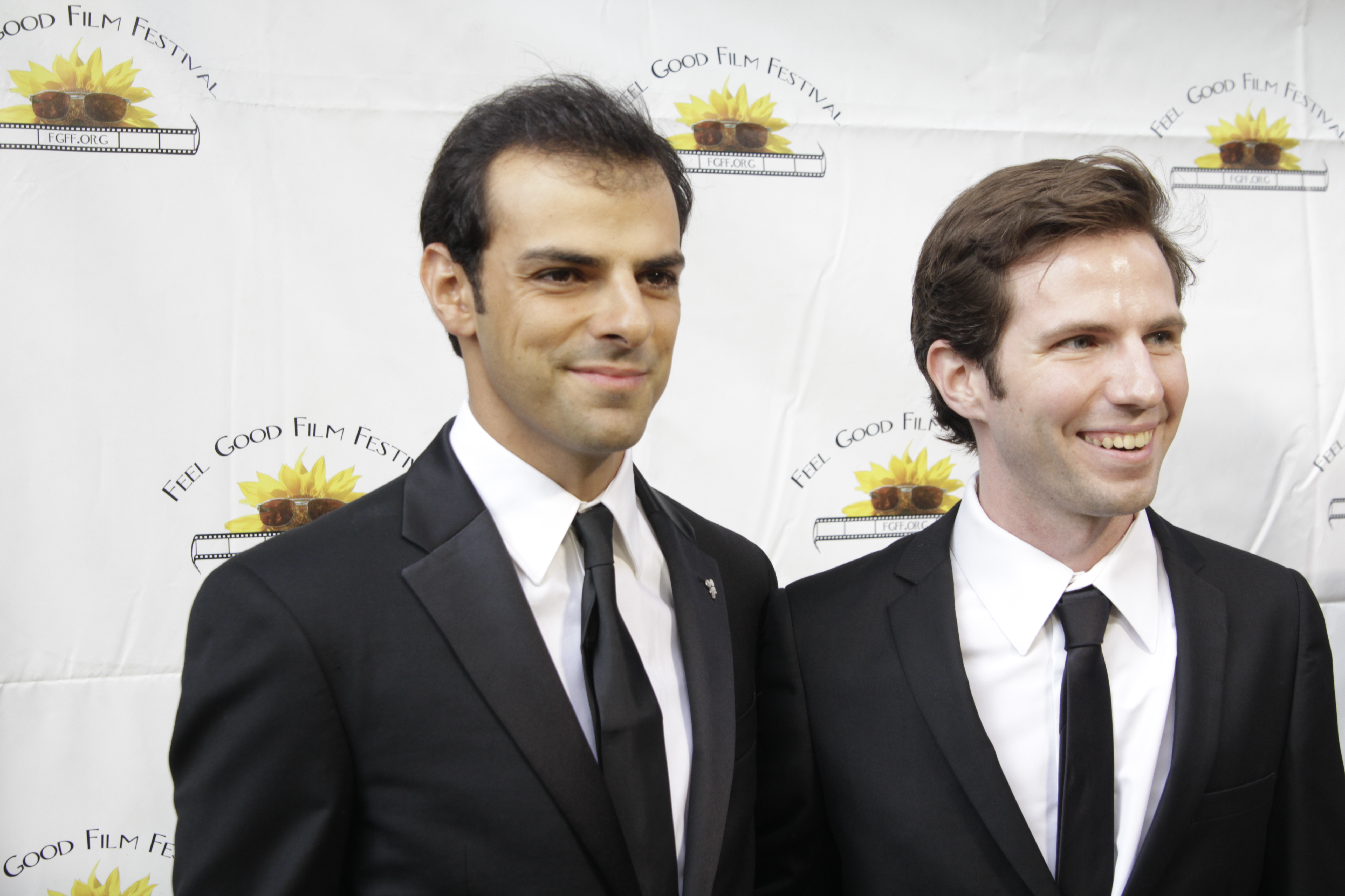 Russell Bailey and Alan Vidali on the red carpet for the premiere of BARMY at the Feel Good Film Festival.