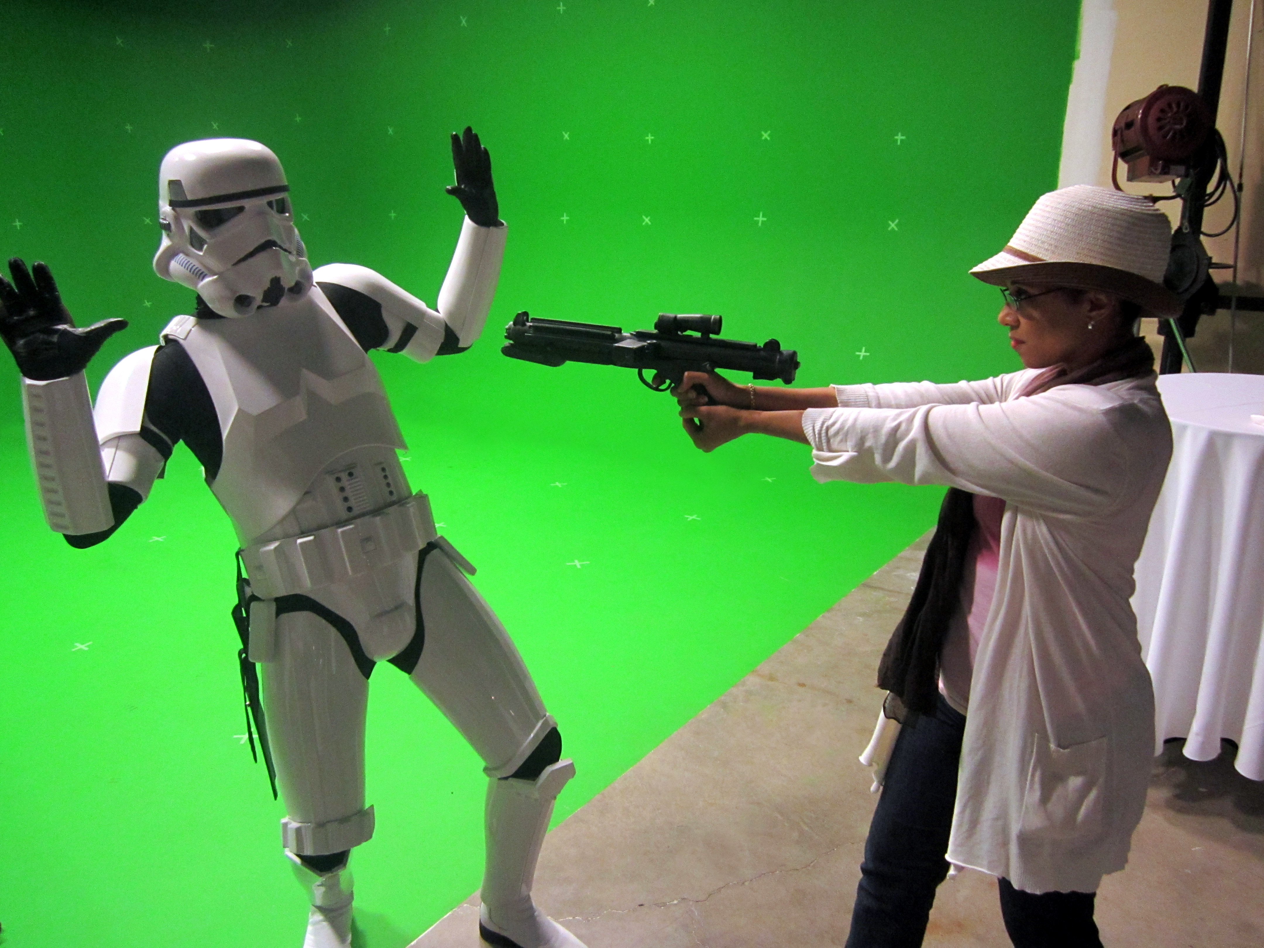 Veronica Loud turns the tables on stormtrooper at the grand opening of Athena Studios in Emeryville, CA.