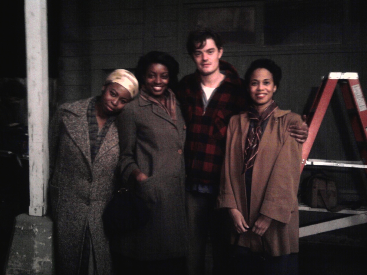 R to L: Veronica Loud (as Dinah Luke) with Sam Riley (as Sal Paradise), LaFonda Baker (as Dorothy Banks), and Omoze Idehernre on the set of 