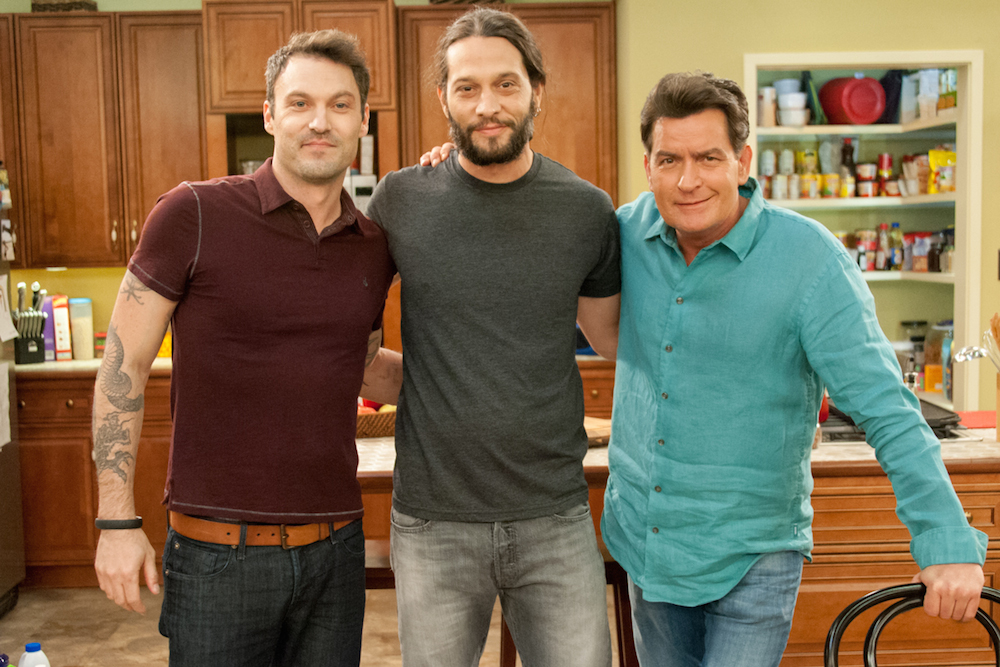 John Charles Meyer, Charlie Sheen, and Brian Austin Green on the set of 