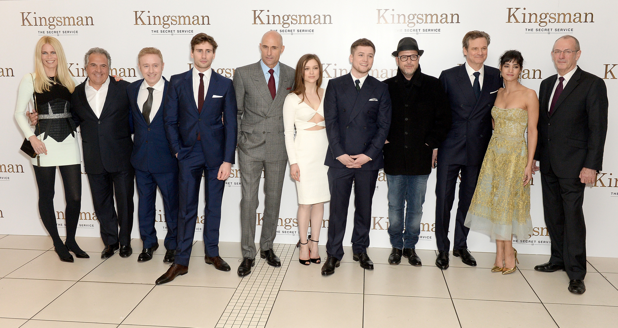 Colin Firth, Claudia Schiffer, Mark Strong, Matthew Vaughn, Sofia Boutella, Dave Gibbons, James Gianopulos, Mark Millar, Taron Egerton, Edward Holcroft and Sophie Cookson at event of Kingsman. Slaptoji tarnyba (2014)