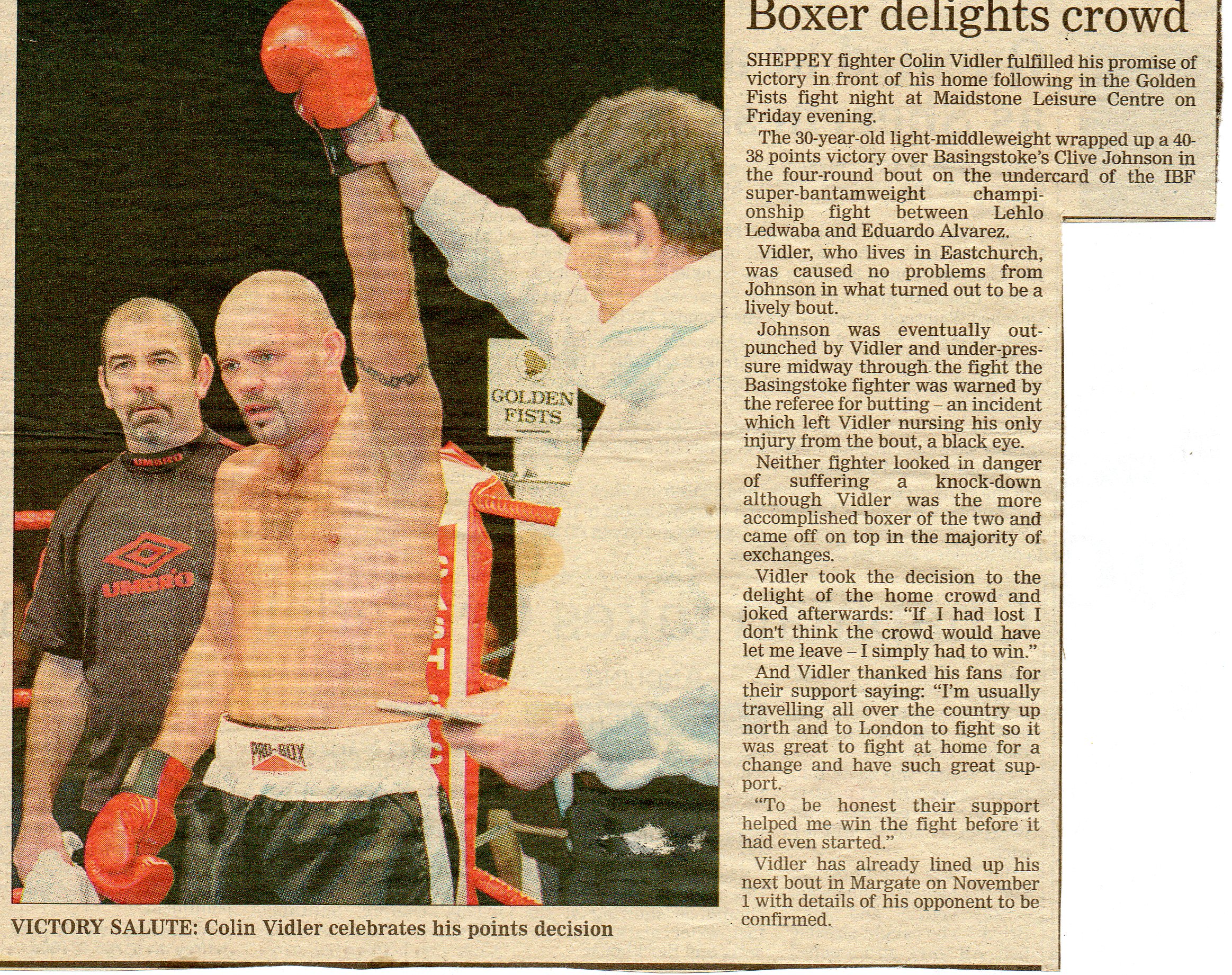 News paper article when Colin burt Vidler was a professional boxer.