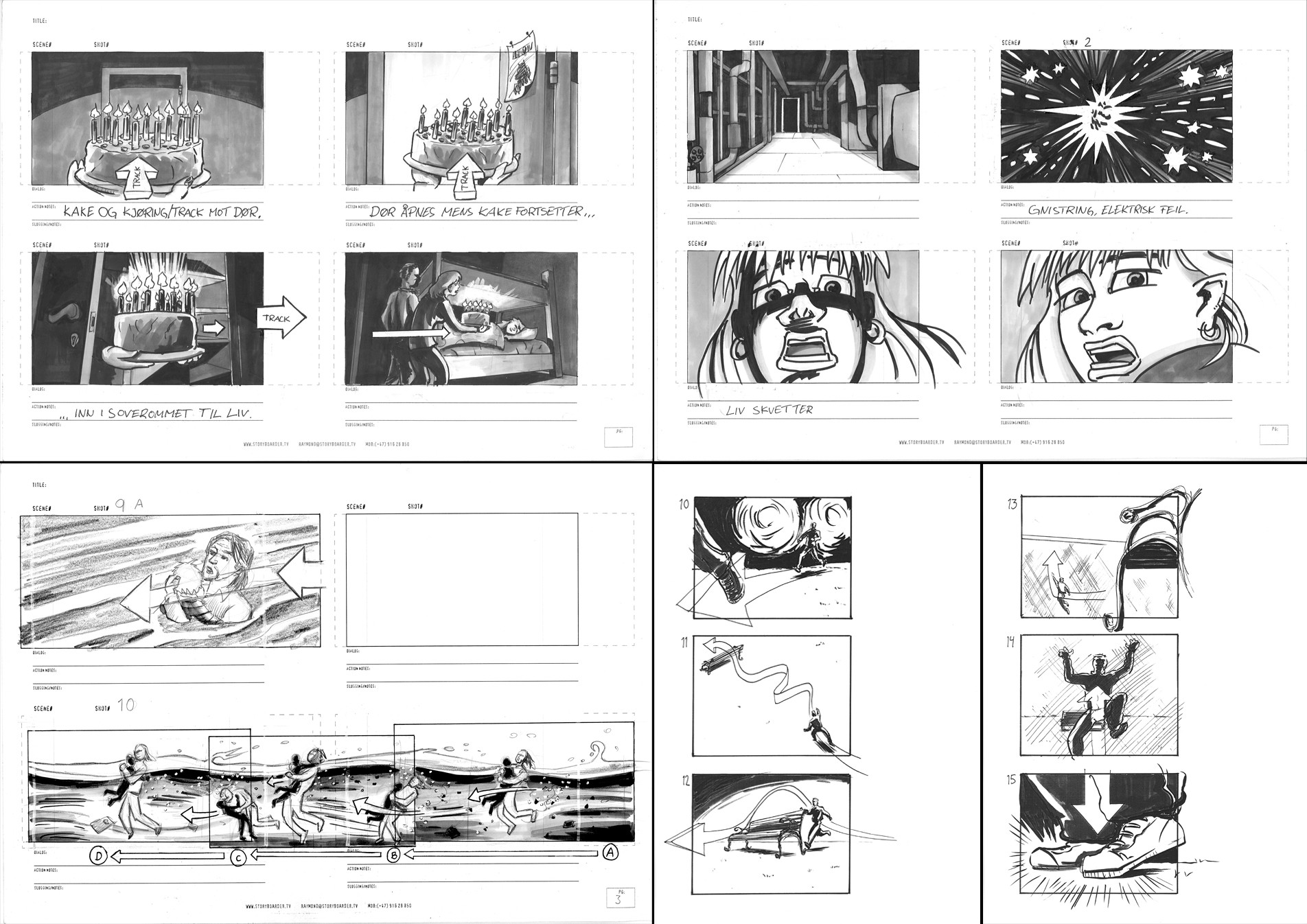 Various storyboards from comercials and motion pictures(De usynlige and Titanics ti liv)