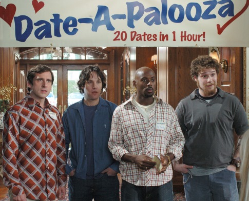 Still of Steve Carell, Romany Malco, Seth Rogen and Paul Rudd in The 40 Year Old Virgin (2005)