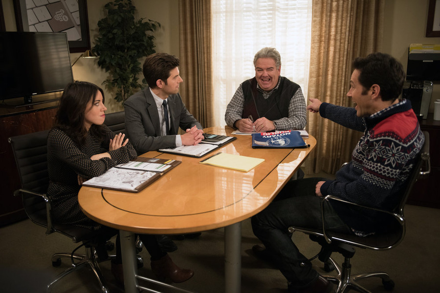 Still of Adam Scott, Jim O'Heir, Paul Rudd and Aubrey Plaza in Parks and Recreation (2009)