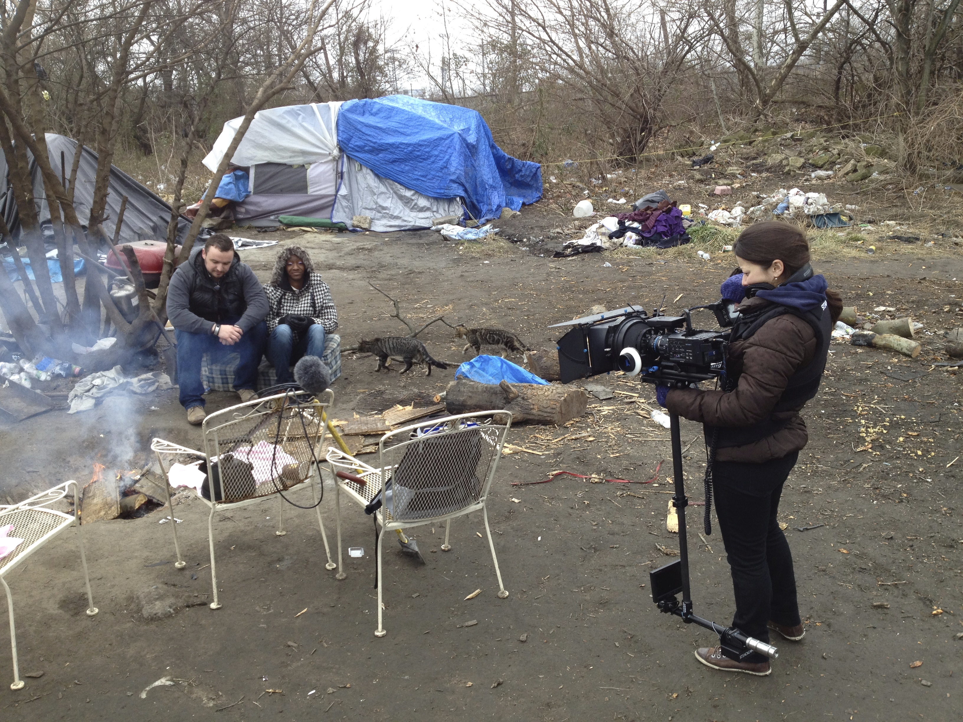 Mike Dudko filming with Mariya Suranova Tent City, Camden, NJ