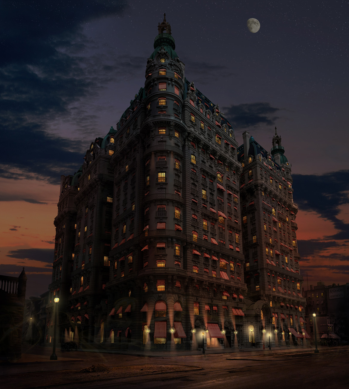 I created this digital matte-painting of The Ansonia, starting form black and white photograph and coloring it in Photoshop. Original photo was taken in 1908, revealing freshly-build one of most gorgeous buildings in Manhattan and my favorite building in New York City.