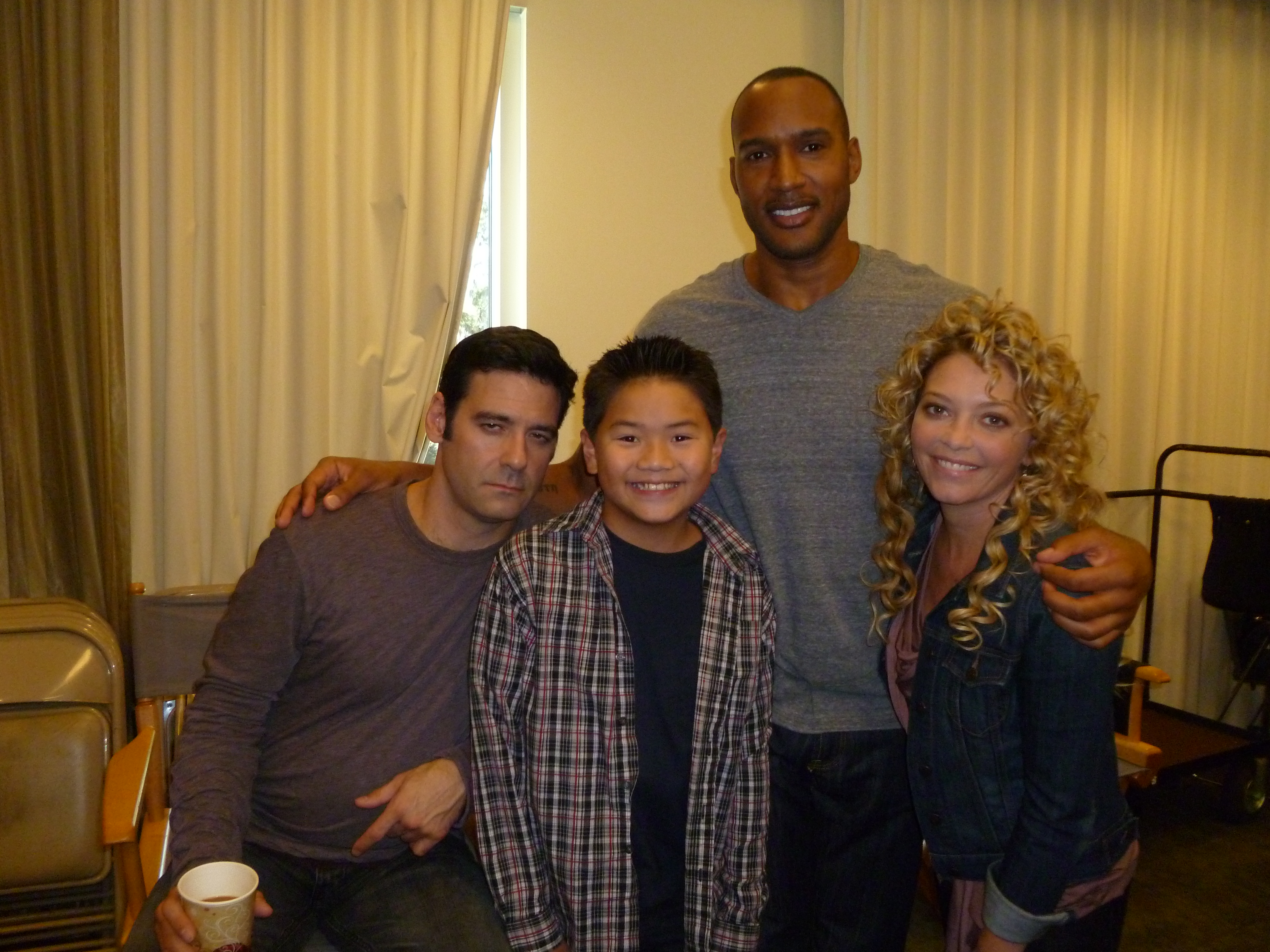 On set with Man Up! Cast Mather Zickel, Henry Simmons, and Amanda Detmer.