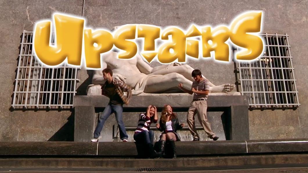 Still of Daniel Romer, Heather Ann Davis, Megan Lee Joy and Rob Steinhauser in the opening credits of Upstairs.