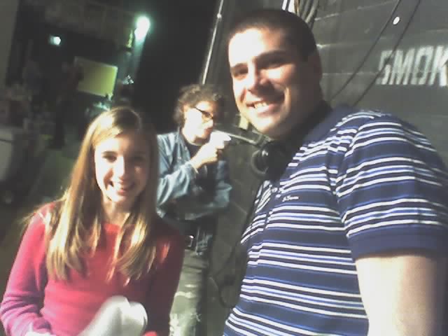 Joe Menendez, Emma Roberts and the photo bombing Sue Rose on the set of 