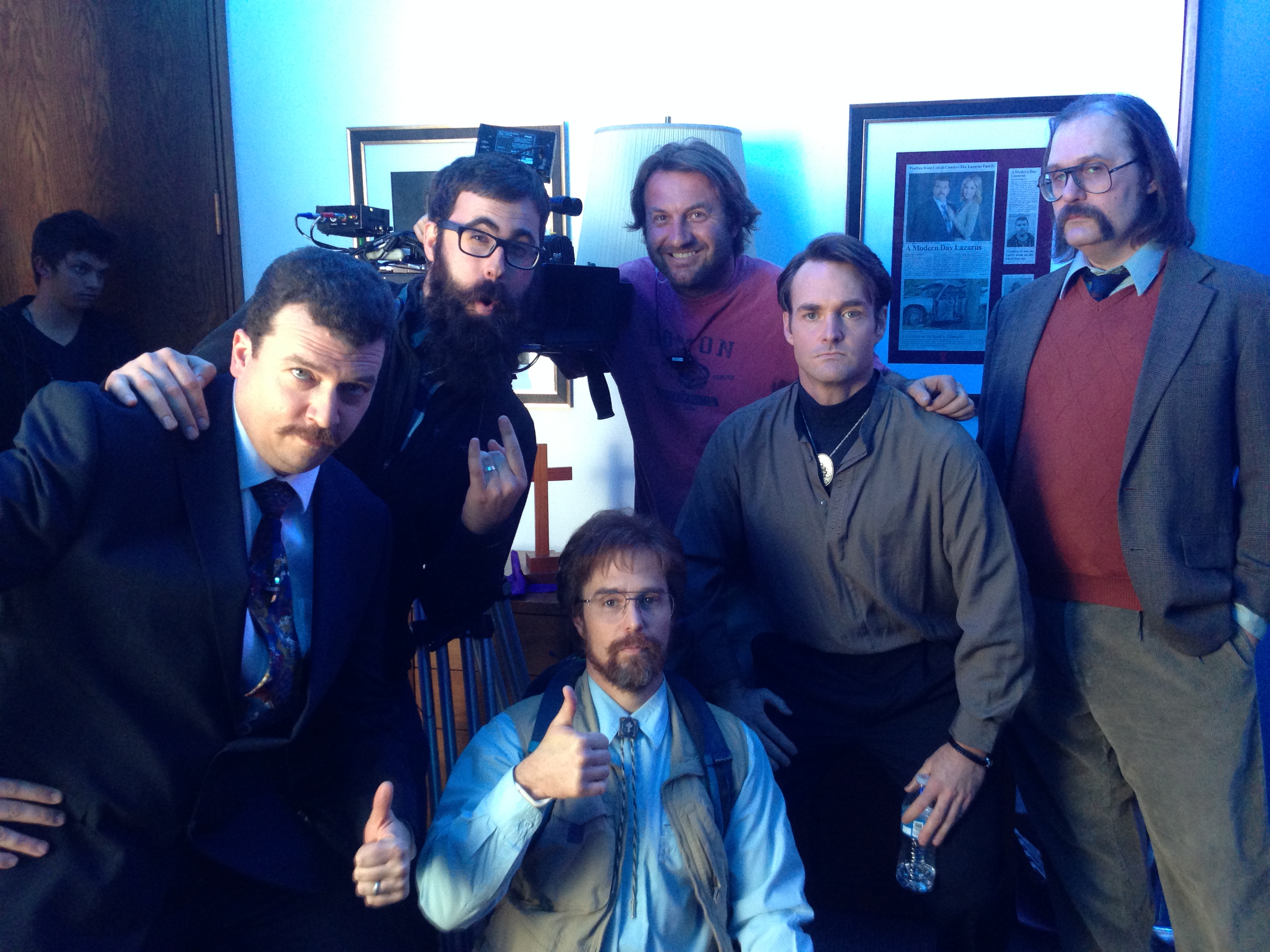 Sky Elobar, Will Forte, cameraman, Sam Rockwell, Jared Hess, and Danny McBride on the set of Don Verdean!