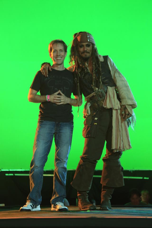 James Arnold Taylor (Voice of the Skull) on the set of The Legend of Jack Sparrow with Johnny Depp.