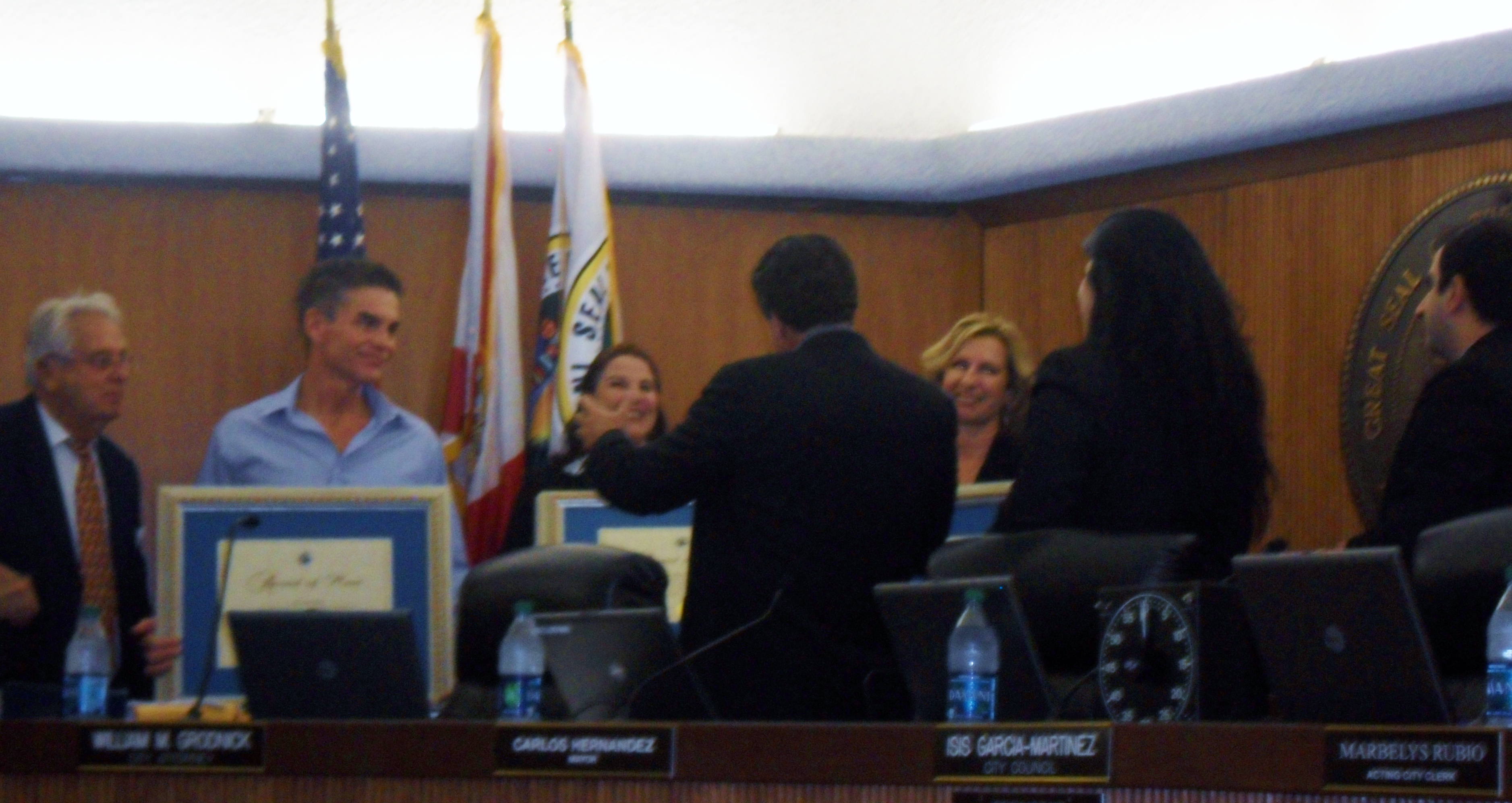 Steven Brack, Writer/Director-Debra Hall-Green and Executive Producer-Adrianne Kennedy receive Merit Awards from the City Of Hialeah, Florida and Mayor Carlos Hernandez for their work in the PBS documentary, 