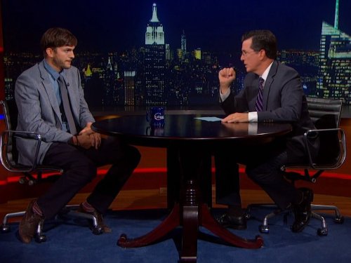 Still of Ashton Kutcher and Stephen Colbert in The Colbert Report (2005)
