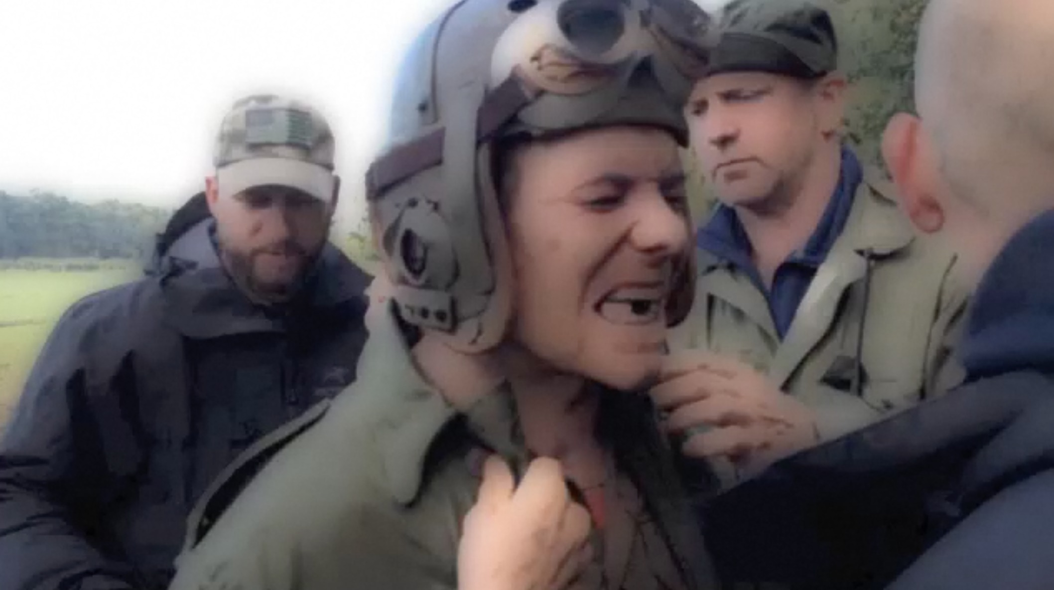 Sean wearing the silicon mask getting set up for the tank burn, director David Ayer behind ready to give notes on 