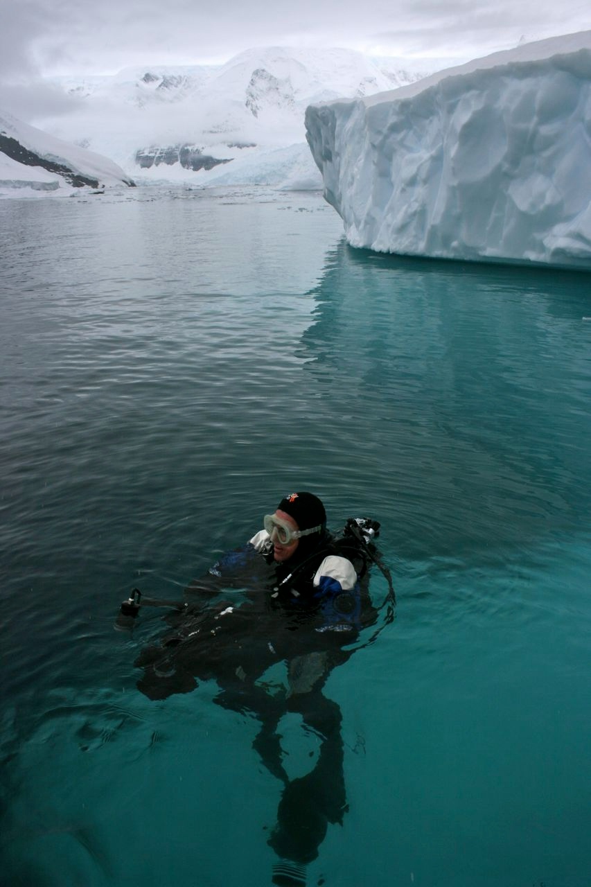 Hilaire Brosio Shooting for Oceanwide Expeditions in Antarctica. Yes, the water is cold. It is 32 degrees.