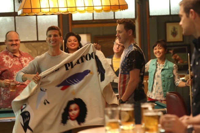 Still of Mel Rodriguez, Geoff Stults, Kyle Davis, Michelle Buteau and Parker Young in Enlisted (2014)