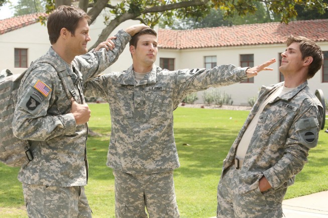 Still of Geoff Stults, Chris Lowell and Parker Young in Enlisted (2014)