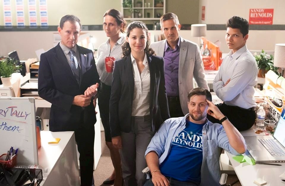 Lisa Roumain in the cast of Re-election the webseries, with Amber Rivera, James McCoy, David Currier, John Dana Kenning, & Justin Alastair