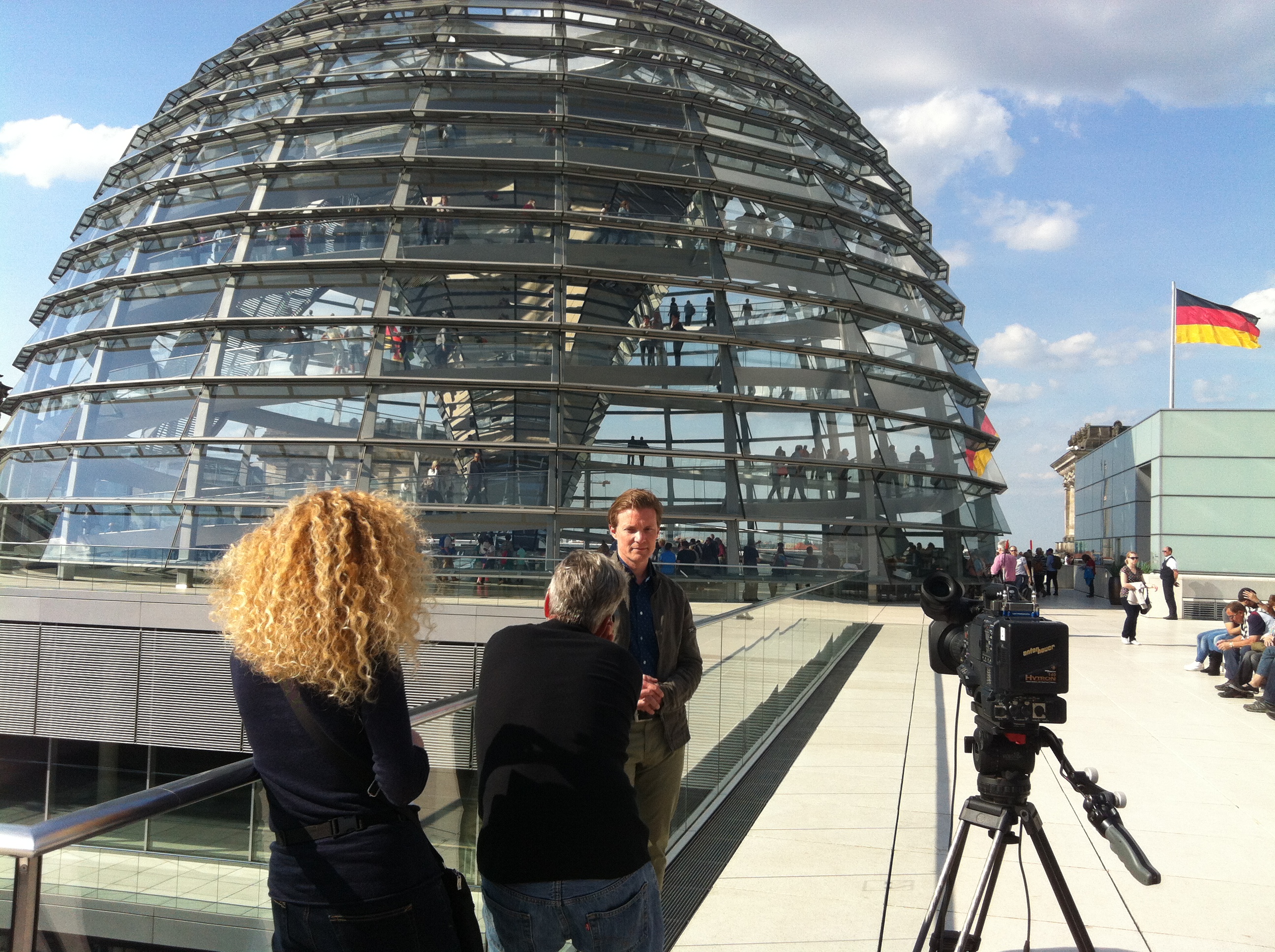 Filming with PBS crew on top of the Reichstag/German Parliament Building in 2014
