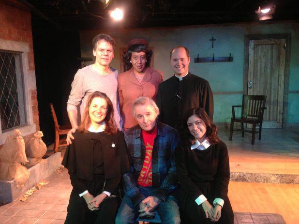 DOUBT at the T. Schreiber Theatre in NYC, 2012. Cast with Playwright John Patrick Shanley (sitting center) and director Peter Jensen (standing top left). Cast: Mike Roche (Father Flynn), Brenda Crawley, Nora Jane Williams, Alice Barrett Walker