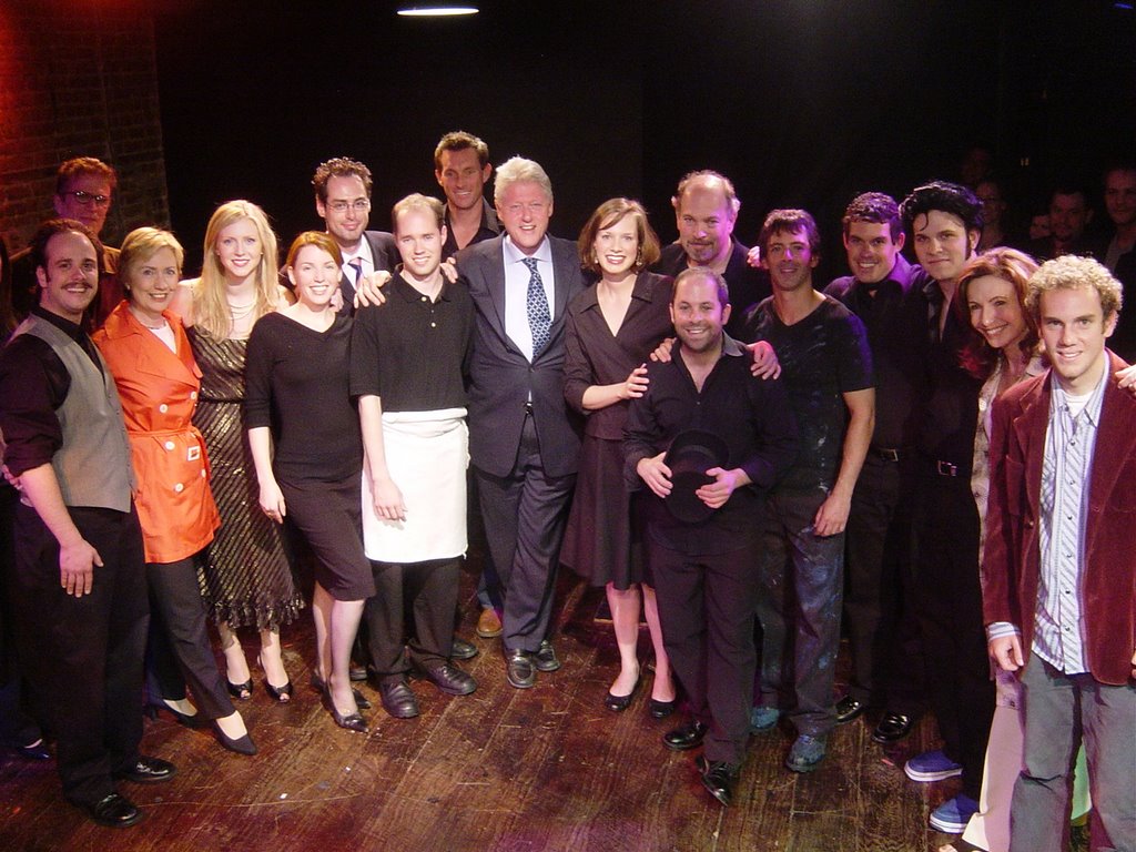 Picasso at the Lapin Agile by Steve Martin. Dir. Joe Tantalo Closing night. New York City. Mike Roche (with white apron) to the right of President Clinton. Also pictured, Hillary Clinton, Ted Danson, Mary Steenburgen and Cast.