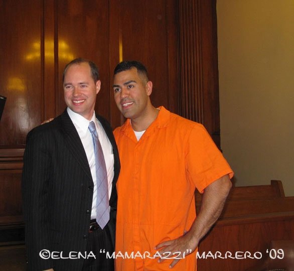 Mike Roche (Prosecutor) with J.W. Cortes (Jason Cruz) Director, Writer and Producer of Conscientious Objector. Courthouse Scene New York
