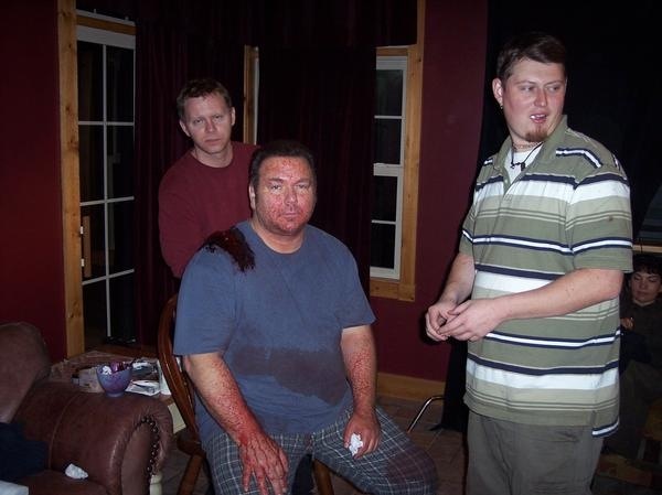 Tony DeGuide having Spl fx done in preparation for a death scene in Sigma Die, with director Michael Hoffman & Spl fx artist.