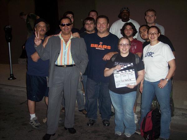 Tony DeGuide (Film Director-wearing Bears T-shirt) and crew of 