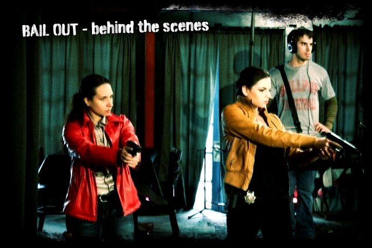 Vanessa Leinani (Left) on the set of Bail Out as Detective Jade with Michelle LeBouef (Right).