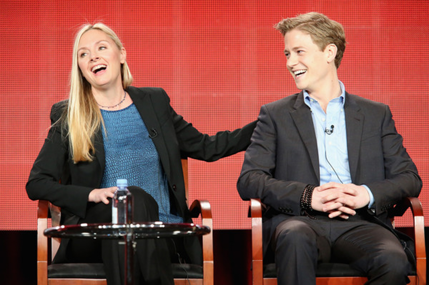 Actress Hope Davis (L) and actor Gavin Stenhouse speak onstage during the 'Allegiance' panel discussion at the NBC/Universal portion of the 2015 Winter TCA Tour at the Langham Hotel on January 16, 2015 in Pasadena, California.