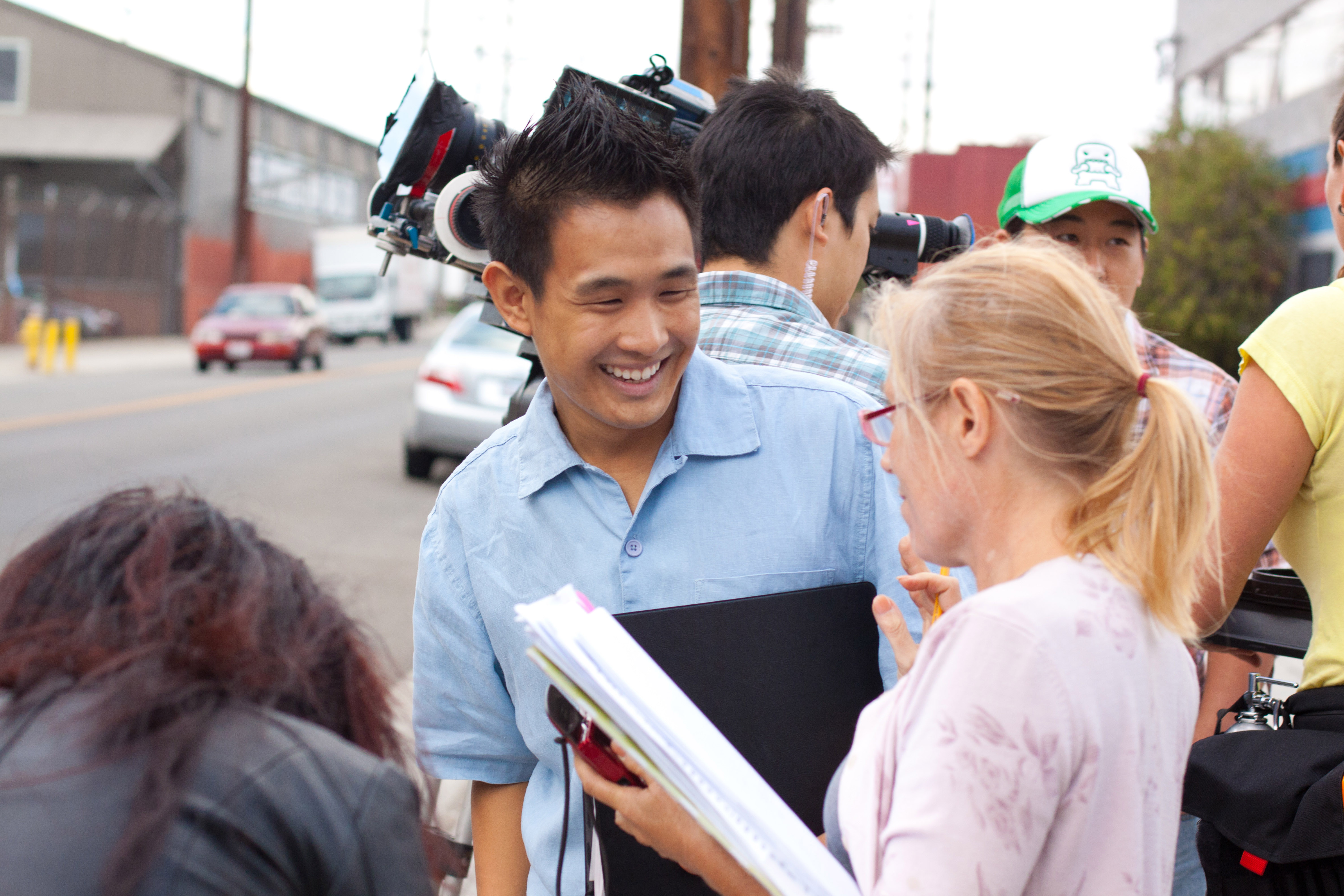 Director Jeffrey Gee Chin consulting with Script Supervisor Elissa Tedeso on 