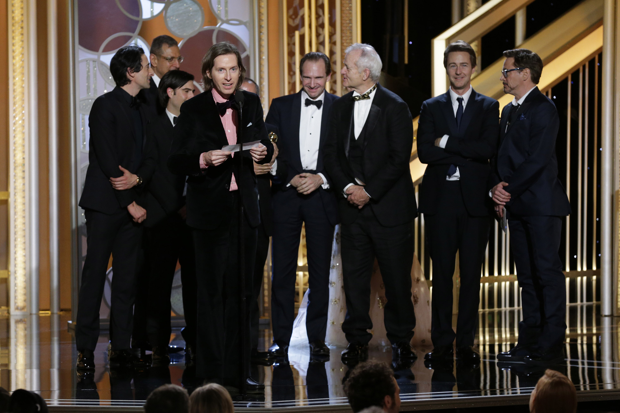 Ralph Fiennes, Jeff Goldblum, Bill Murray, Robert Downey Jr., Edward Norton, Adrien Brody, Jason Schwartzman and Wes Anderson at event of The 72nd Annual Golden Globe Awards (2015)