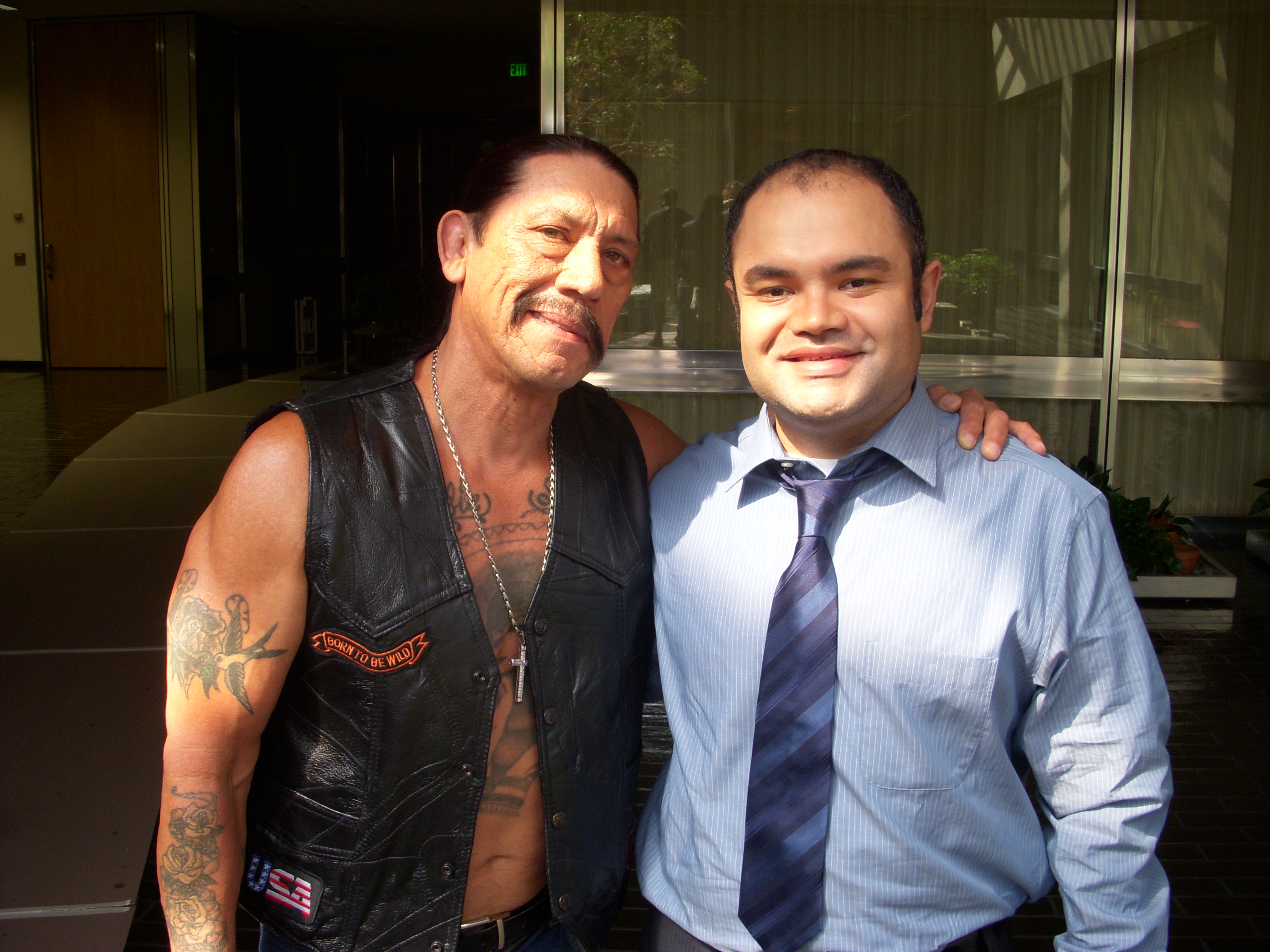 Danny Trejo and Erick Chavarria on the set of an ESPN Promo